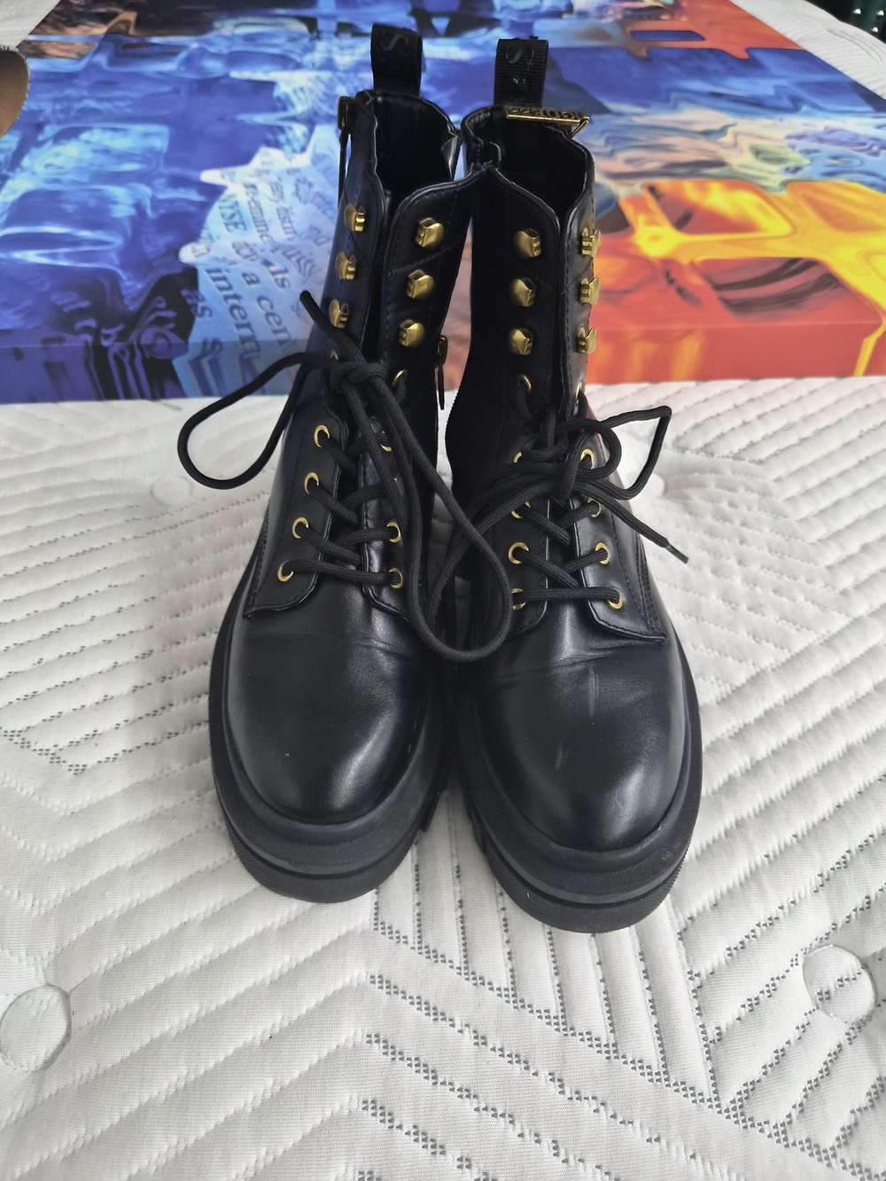 Guess Black Leather Combat Boots with Gold Eyelets